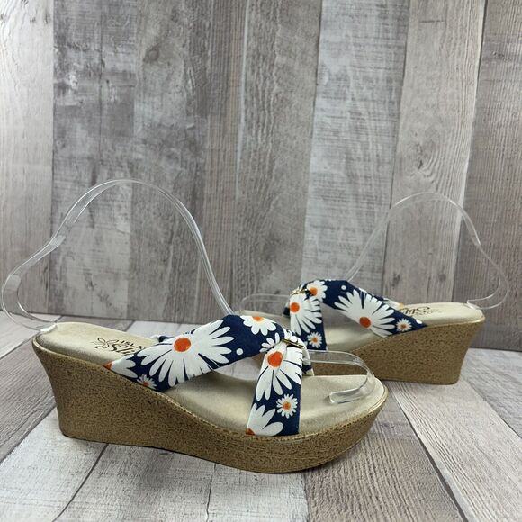 Island Slipper Hawaii Women's Wedge Sandals Floral Tropical Navy White Size 6 - Picture 3 of 12